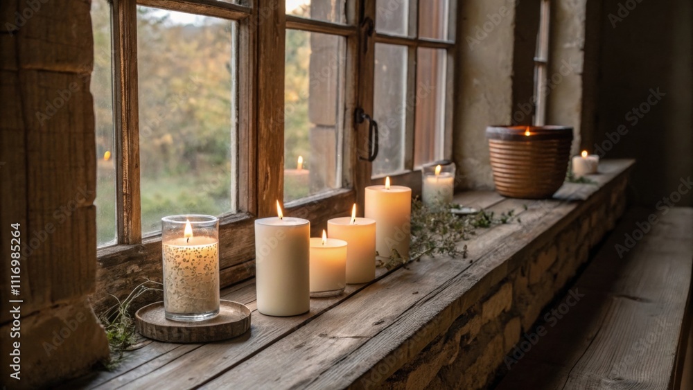 Poster fragrant candles line the windowsill creating a serene atmosphere while the subtle scent of aged woo