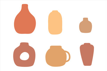 Hand drawn abstract vase set in boho style. Minimalist antique ceramic pottery for interior. Suitable for flat design illustration, clip art, stickers, etc
