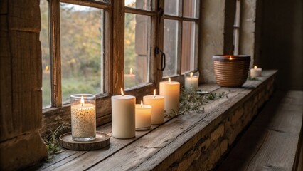 Fragrant candles line the windowsill creating a serene atmosphere while the subtle scent of aged wood envelops the room enhancing the overall nostalgic ambiance that captivates the