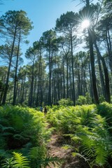Fototapeta premium Green Wilderness Nature Depicting a Lush Forest Scene With sunshine and river ai generated
