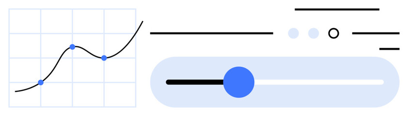 Line graph with four data points, horizontal slider with blue knob, and various user interface components. Ideal for data visualization, UIUX design, web development, tech presentations, statistics