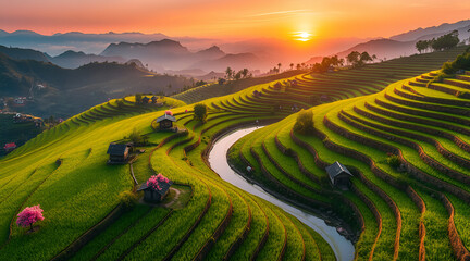 Majestic terraced rice fields under the golden morning light, with vibrant green layers, a gentle winding river, traditional huts, and misty mountains – an untouched and peaceful countryside view