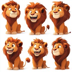 A set of various (Lion Cartoon Character Set) in full detail, isolated on a transparent background. 