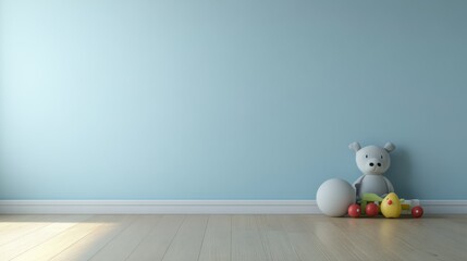29.A 3D mock-up of a children's room with a light blue wall background, designed for adding text or creative elements. The room has a modern, minimalist feel with a few toys placed on the floor and a