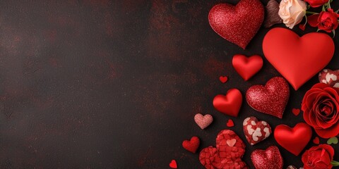 Vibrant Red Rose Blossoms and Hearts Arrangement on Dark Background for Romantic Themes and Floral Designs