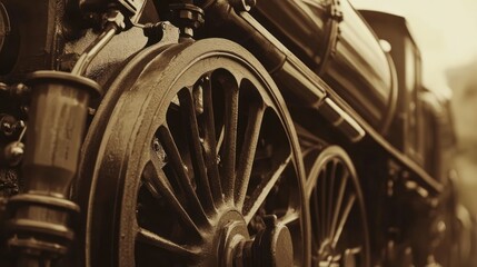 Close-up sepia photo of an antique steam train's wheel and components.