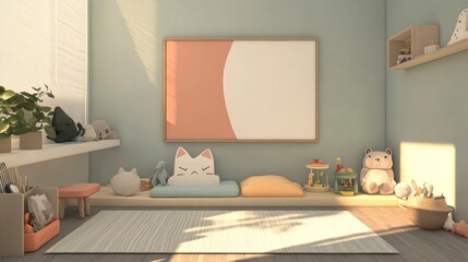 34.A 3D mock-up of a gender-neutral childrenâ€™s room with a large frame positioned on a soft pastel wall. The room is furnished with modern, minimalist pieces such as a low bed, a small play table,