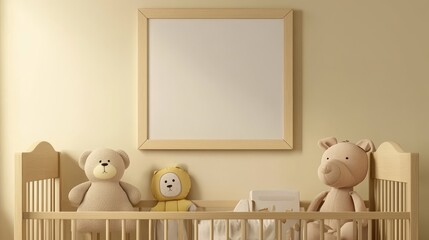 35.A bright unisex children's room in 3D rendering, featuring a mock-up frame on a neutral-colored wall above a wooden dresser. The room has a minimalistic design with a light wood crib, plush toys,