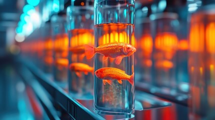 Goldfish in glass cylinders in a futuristic setting.