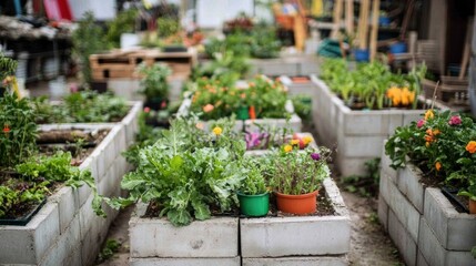 Vibrant community garden with various plants flourishing in concrete block raised beds.