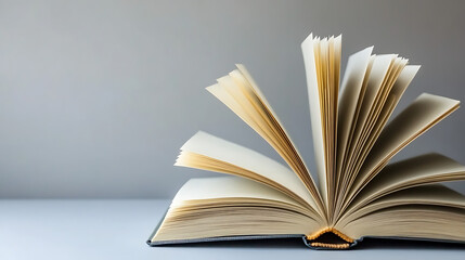 Fototapeta premium An open book with fanning pages, showcasing its blank, inviting interior for creativity and ideas.