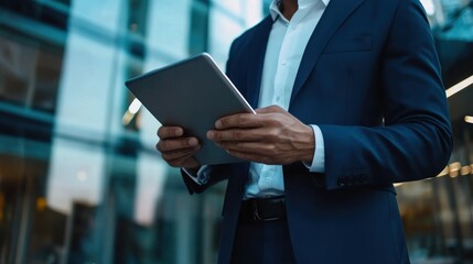Businessman using tablet, modern city backdrop
