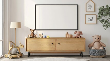 46.A children's room mock-up in 3D render, featuring a large blank wall ready for artwork or posters. Below the wall is a simple wooden sideboard with toys and accessories, leaving plenty of open