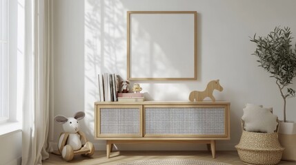 48.A 3D-rendered children's room mock-up with a blank white wall, offering a perfect space for inserting a poster or sticker. A small sideboard sits beneath the wall, decorated with toys and books.