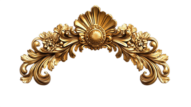 ornate gold decorative arch, detailed floral carvings, baroque style, luxurious embellishment, elegant design, symmetrical patterns, intricate craftsmanship, regal ornamentation, art deco influence
