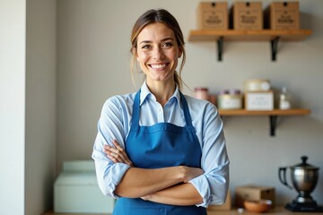 Mujer joven sonriente con delantal azul cruzado en los brazos, en una cocina moderna y organizada, transmitiendo profesionalismo y entusiasmo en un ambiente acogedor.
