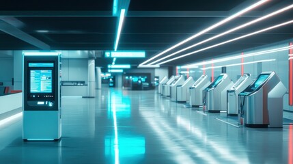 Fototapeta premium Futuristic airport terminal with self-service kiosks and vibrant neon lighting.