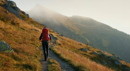 Obraz premium A scenic mountain trail with a hiker’s silhouette under the morning mist 