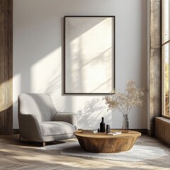 Modern Gray Armchair and Wooden Coffee Table Interior Mockup with Natural Light in Scandinavian Design Living Room