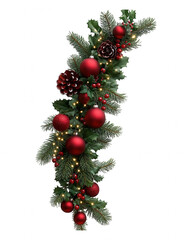 [Holiday digital Christmas wreath decoration] Digital Evergreen Holiday Wreath with Gold Bows & Poinsettia Leaves Against Dark Grey Background.