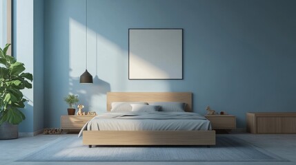 76.A minimalist children's bedroom with light blue nuances, showcasing a sleek bed, light wood furniture, and simple decor. The room is designed to feel open and airy, with soft blue walls, a cozy