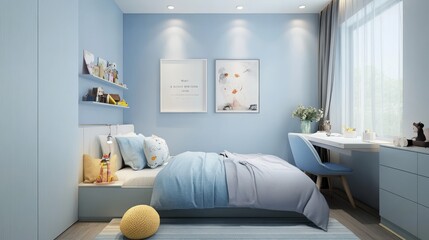 77.A minimalist children's room with light blue walls, a simple bed, and streamlined furnishings. The space is uncluttered, featuring a small desk, a cozy rug, and a few accent pieces like framed