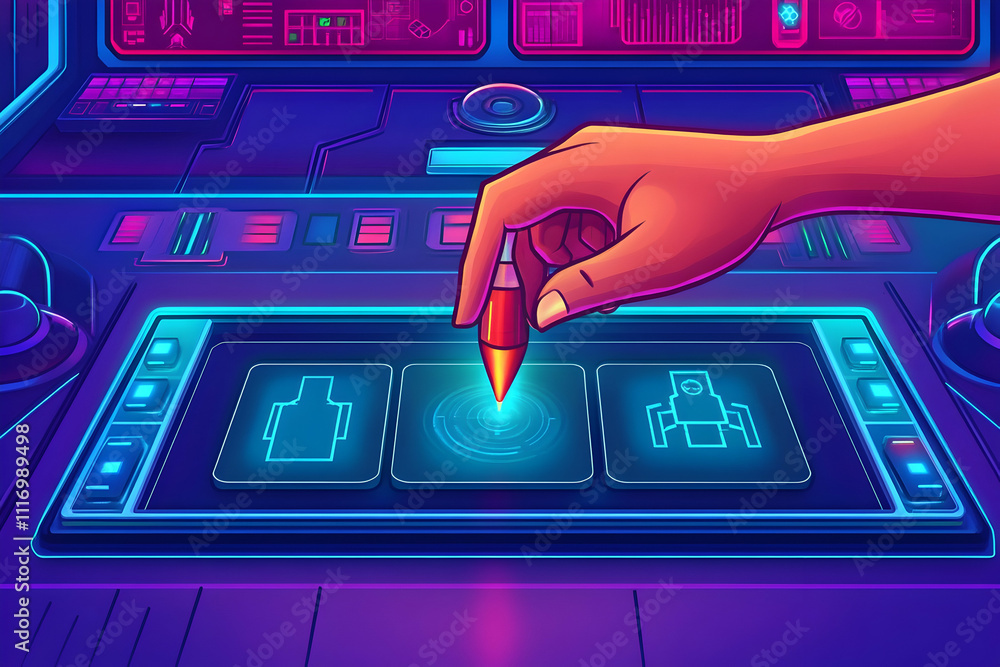 Poster hand using stylus on futuristic control panel with robot icons.