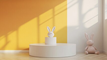 85.Concept 5: White podium for product in children room on two tone wall. 3D rendering
