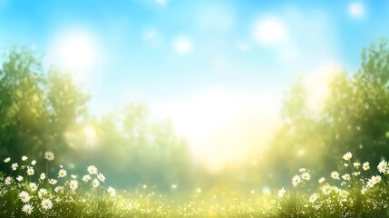 Obraz premium A vibrant, sunlit meadow filled with blooming daisies, creating a serene and tranquil atmosphere under a bright blue sky, perfect for relaxation and inspiration.