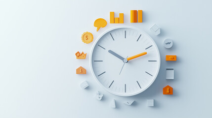 A white clock with orange numbers and hands showing the time of 10:30