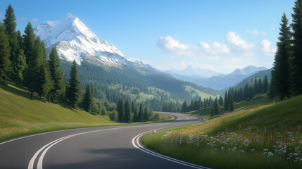 A winding road with a mountain in the background