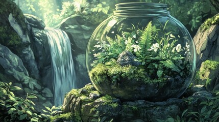 A serene terrarium surrounded by lush greenery and a waterfall.