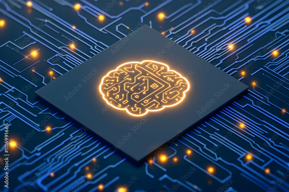 Poster illuminated brain circuit on dark tech background.
