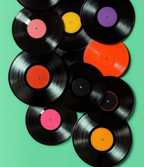 Vinyl Records Overlapping Abstract Art with Bright Green Background and Dramatic Lighting