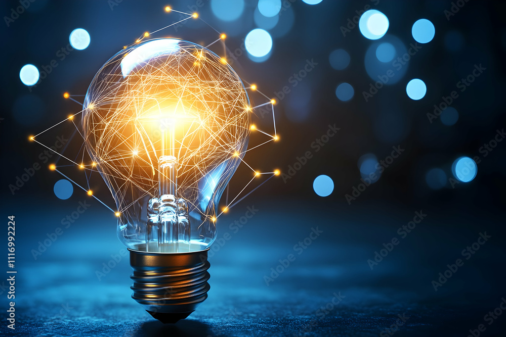 Poster illuminated lightbulb with glowing network inside.