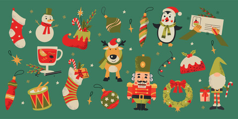 ОсновныеLarge set collection of winter Christmas New Year elements. Nutcracker, gnome, deer, decor, pudding, socks, snowman, penguin on green background RGB