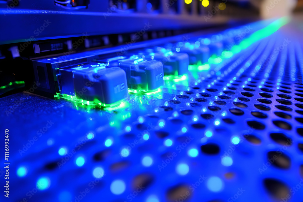Poster illuminated server rack with glowing network connections.