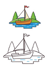 A simple and fun coloring page for kids featuring a cheerful sailing boat gliding on a calm river, surrounded by fluffy clouds, trees, and gentle waves. Perfect for creative coloring!