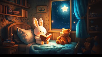 125.A whimsical children storybook illustration of a bunny sitting in bed, reading a book to his teddy bear under the soft glow of a star peeking through the window. The bedroom is filled with soft