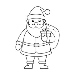 A cheerful Santa Claus carrying a big gift bag, ready to deliver presents. Perfect for kids to color with festive reds, greens, and holiday magic!