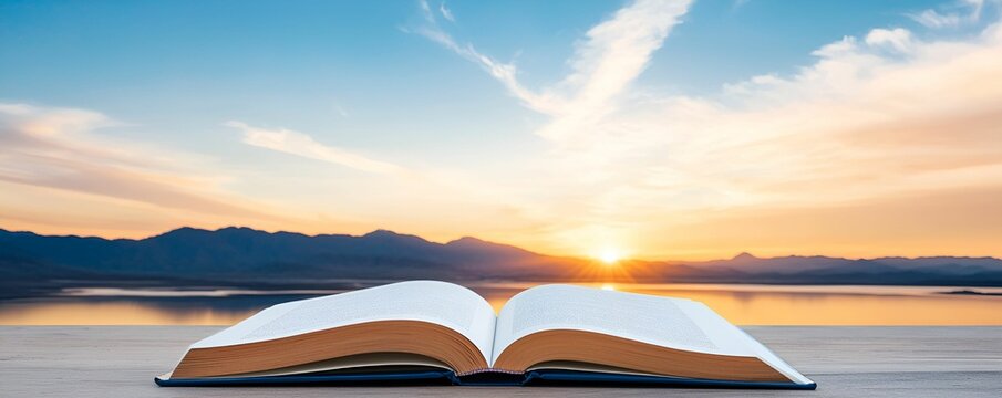 Education curriculum opportunity growth concept. Open book at sunrise by serene water and mountains, symbolizing knowledge and inspiration.