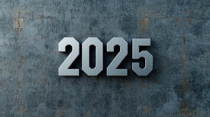 Fototapeta premium Sharp, geometric 2025 text embedded into a metallic label design