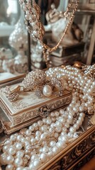 A vintage jewelry box adorned with pearls and decorative accents.