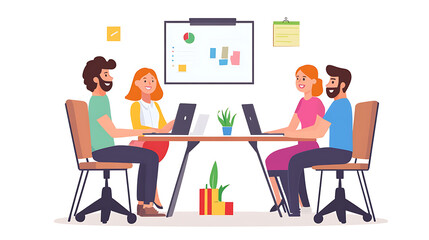 A diverse group of four young professionals collaborating around a table, engaged in a productive meeting, with laptops and presentations in a bright, modern office.