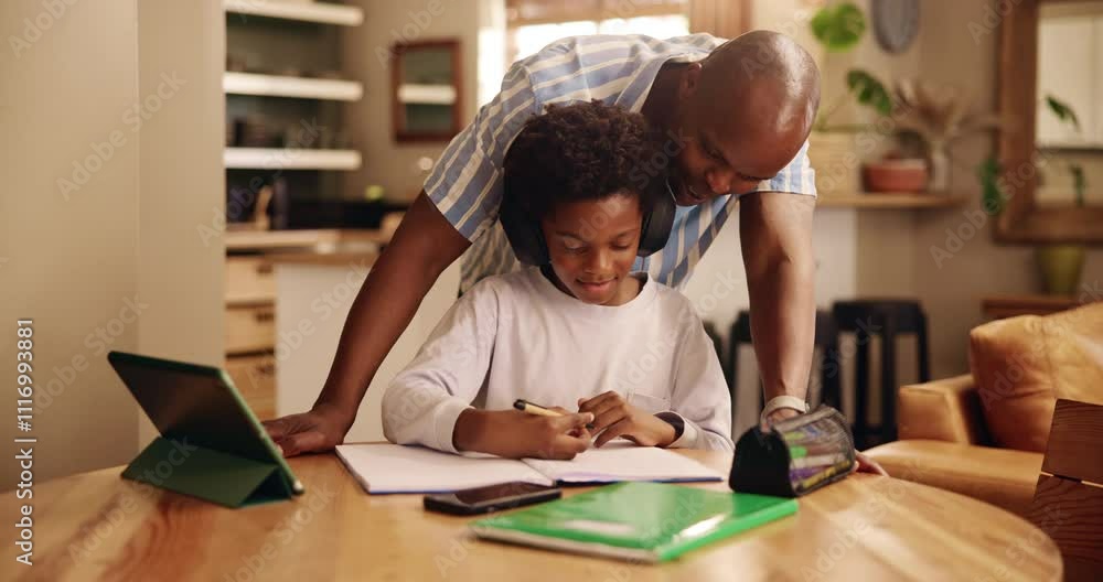 Poster Homework, writing and father with child and notebook for remote learning, education and development. Studying, headphones and knowledge with kid in family home for tablet, test solution and project