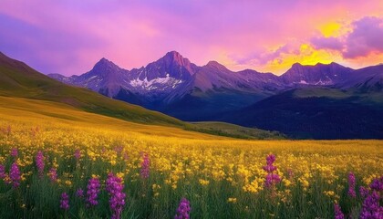 A vibrant mountain landscape with a colorful flower-filled meadow.