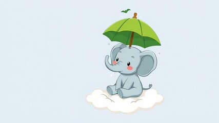 Cute baby elephant sitting on a fluffy cloud holding a green umbrella, playful, sky