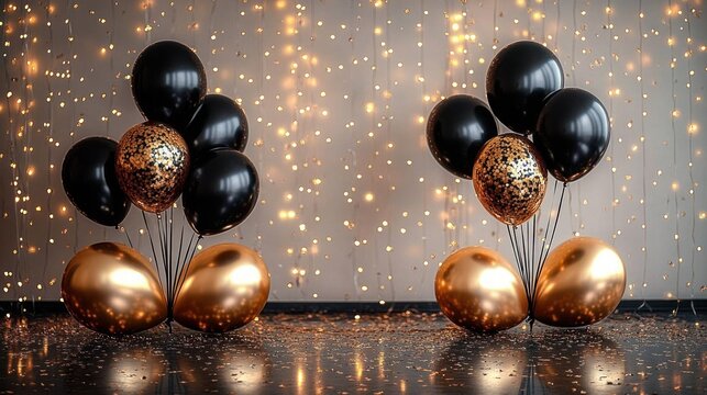 Birthday Celebration Gold Balloons Elegant Party Background Black and White Design