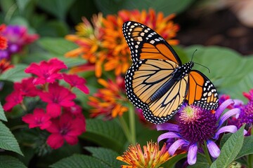 Obraz premium Vivid Monarch Butterflies Perched on Bright Flowers