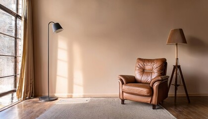 Empty Beige Wall Mockup in Rustic Interior with Leather Armchair and a Vintage Floor Lamp. Natural Daylight From a Window. Promotion Background.